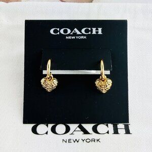 New Coach Signature Quilted Heart Huggie gold earrings
